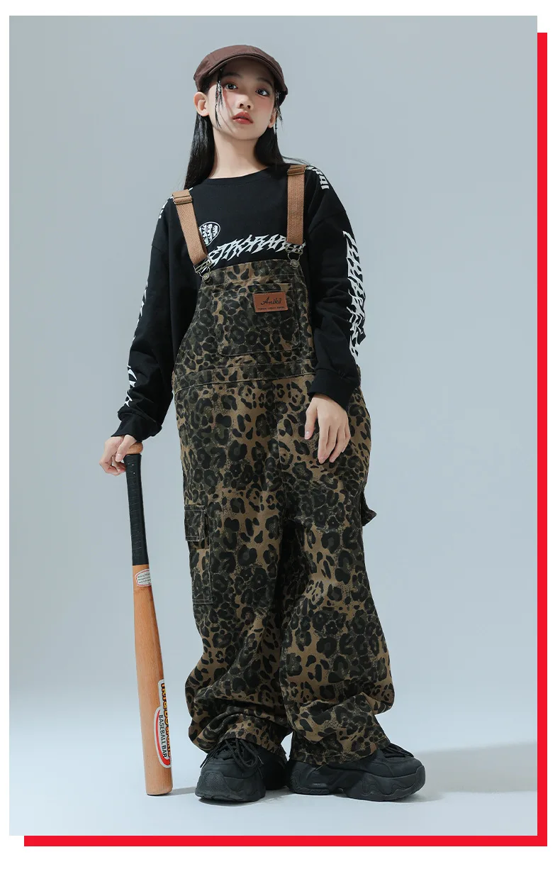 Mädchen Hip Hop Leopard Print Overalls Jungen Baggy Hosen Latzhose Hosen Kinder Overall Street Dance Tragen Strampler Kind Streetwear – Detail 12
