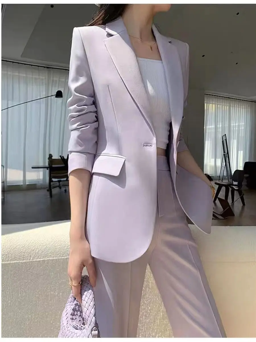 Purple Women's 2 Piece Suit One Button Fashion Blazer Business Casual Daily Outfits Elegant Pantsuit Set Customize