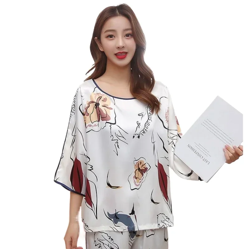 Summer Two-piece Pullover Nightgown Ice Silk Home Wear  Suitable for Going Out and Relaxing A Large 145KG  Nightgown for Women