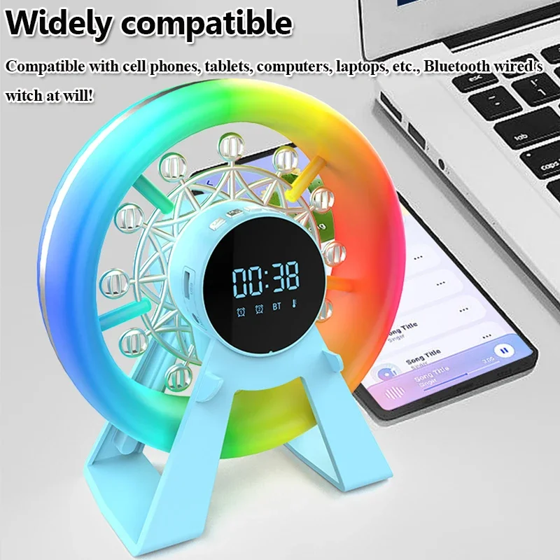 عجلة فيريس محمولة سمّاعات بلوتوث RGB ضوء ملون بلوتوث Soundar Handfree Call مشغل موسيقى MP3 مع ساعة منبه FM