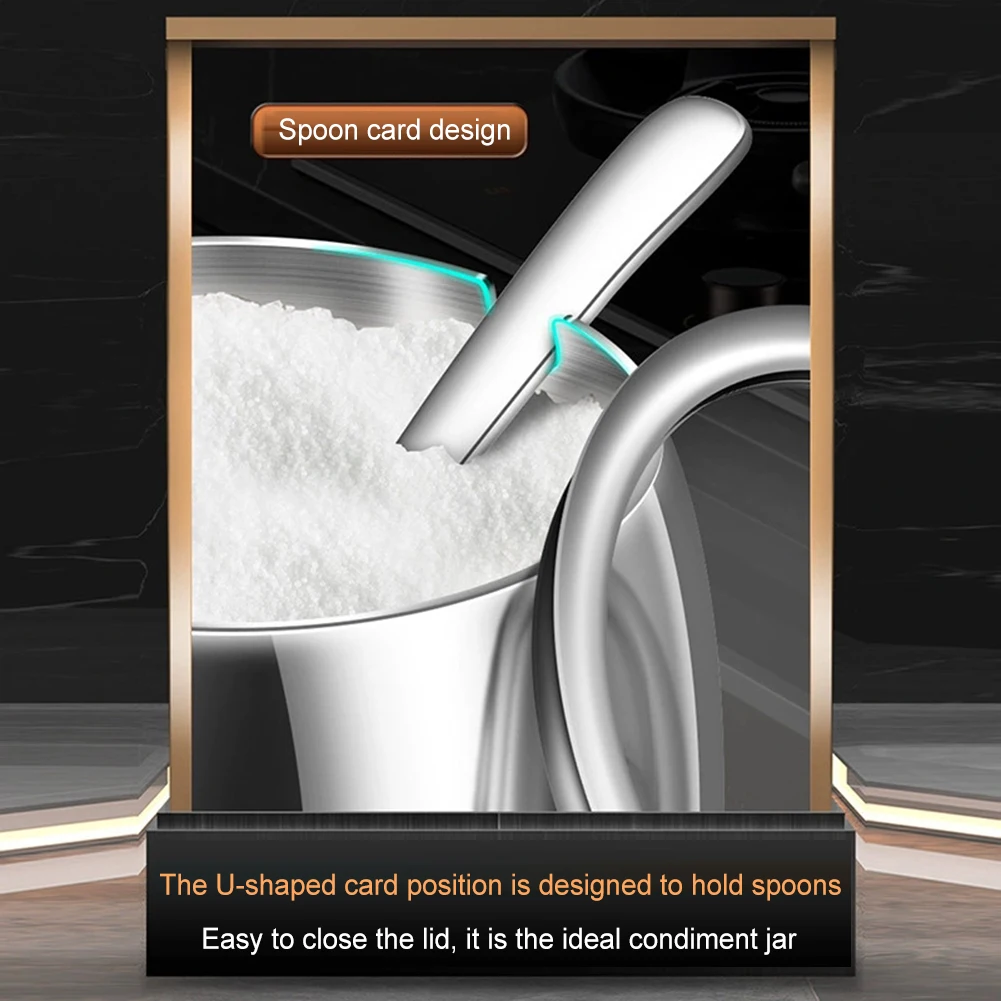 حاويات توابل ذات غطاء شفاف من الفولاذ المقاوم للصدأ، مجموعة كاملة من 4 قطع مع ملاعق لتخزين الطهي المنظم
