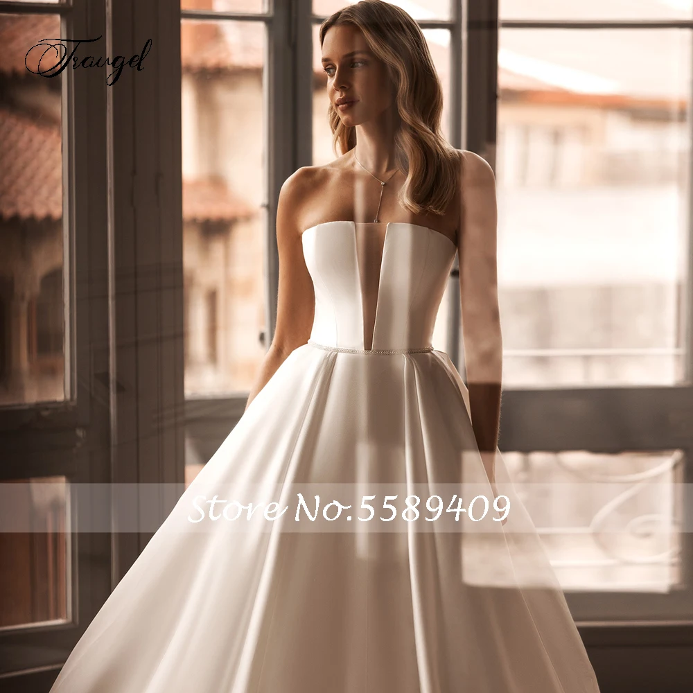 Trugel-vestido de novia de satén mate sin tirantes, traje de novia con cinturón, Espalda descubierta, línea A