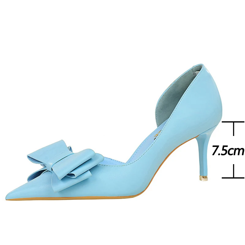 BIGTREE Shoes Pu Leather Kitten Heels Bowknot Stiletto Heels 7.5 Cm Women Pumps Fashion High-heeled Shoes Sexy Wedding Shoes