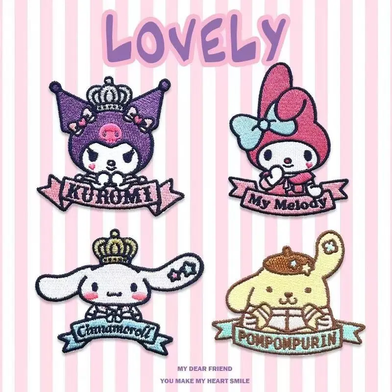 Sanrio Cinnamoroll My Melody Kuromi Pompom Purin bestickter Stoff-Kleidungsaufnäher, kreative Tasche, selbstklebender dekorativer Aufkleber