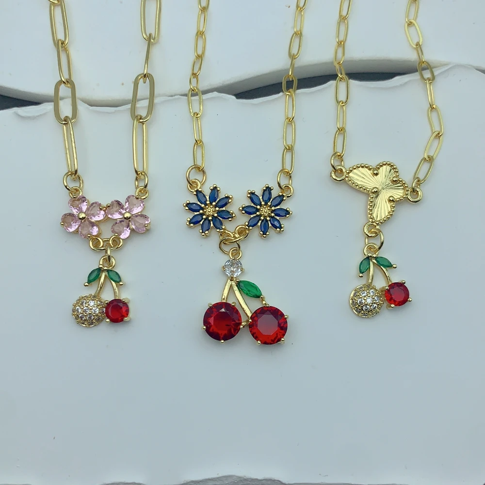 

Fashion Shining Zircon Fruit Design Cherry Pendant Necklace For Woman Luxury Gold Plated Daily Party Jewelry Gift