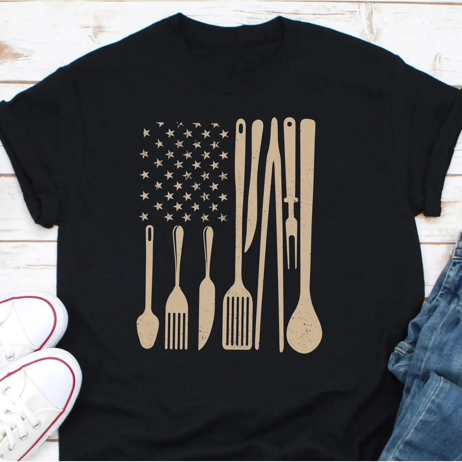 Patriotic US Flag Kitchen Utensils T Shirt Chef Cook Baking Sous Mom Funny Cooking Lover  vintage Washed Soft Slightly
