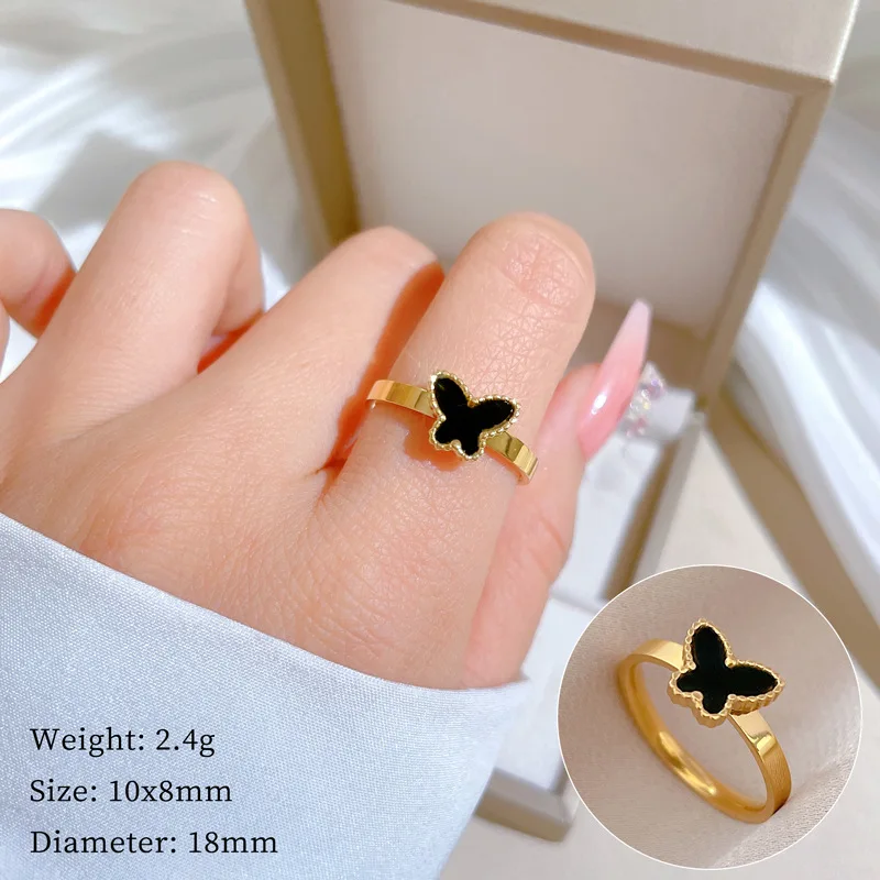 Lucky99 anillos de mariposa negros de acero inoxidable para mujer, anillo de dedo de Color dorado Simple que no destiñe, regalo de joyas de fiesta para mujer