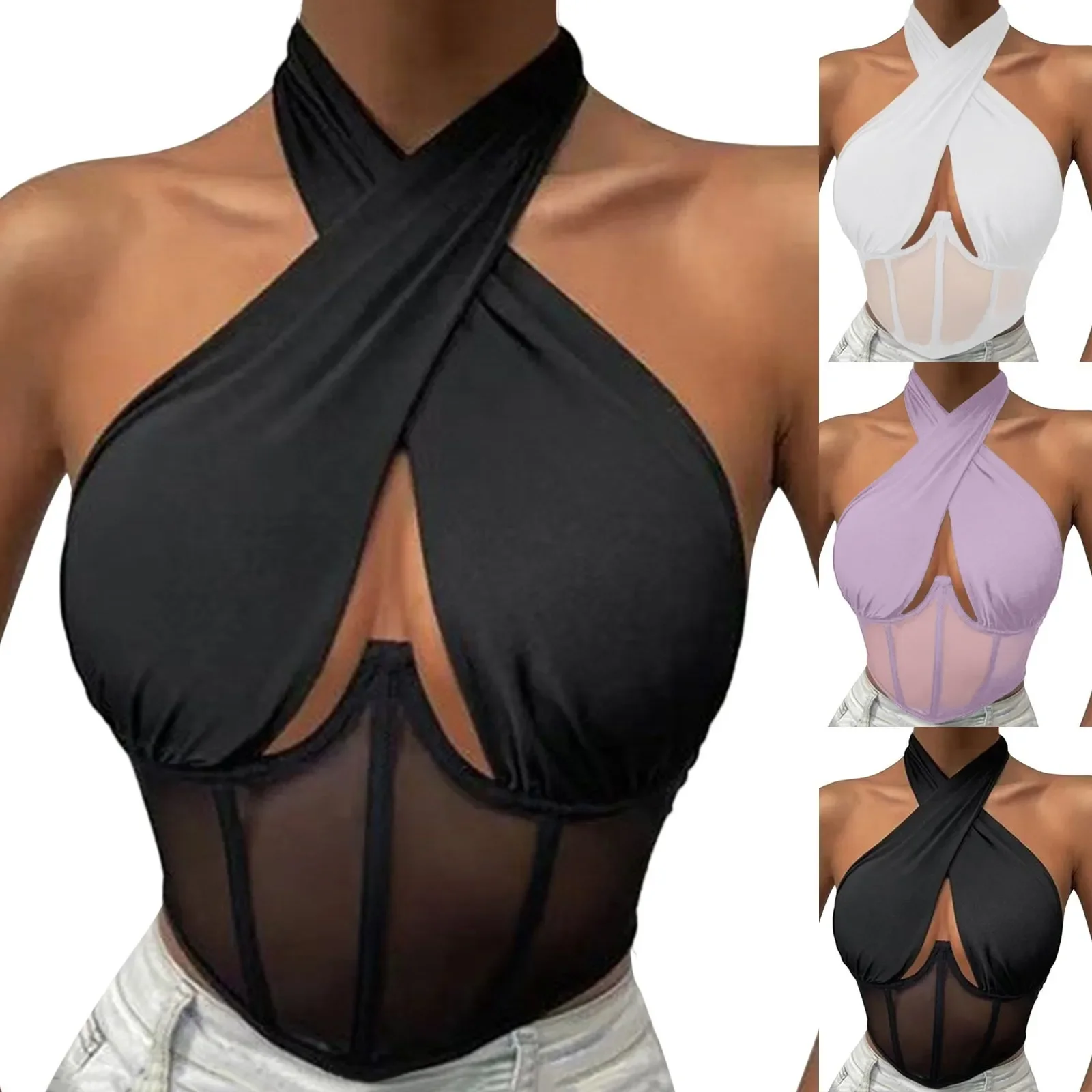 

Женский корсет без рукавов с рыбьей косточкой, жилет, однотонный ажурный укороченный топ, летние сексуальные топы с лямкой на шее и открытой спиной, Y2k Camis Ropa De Mujer