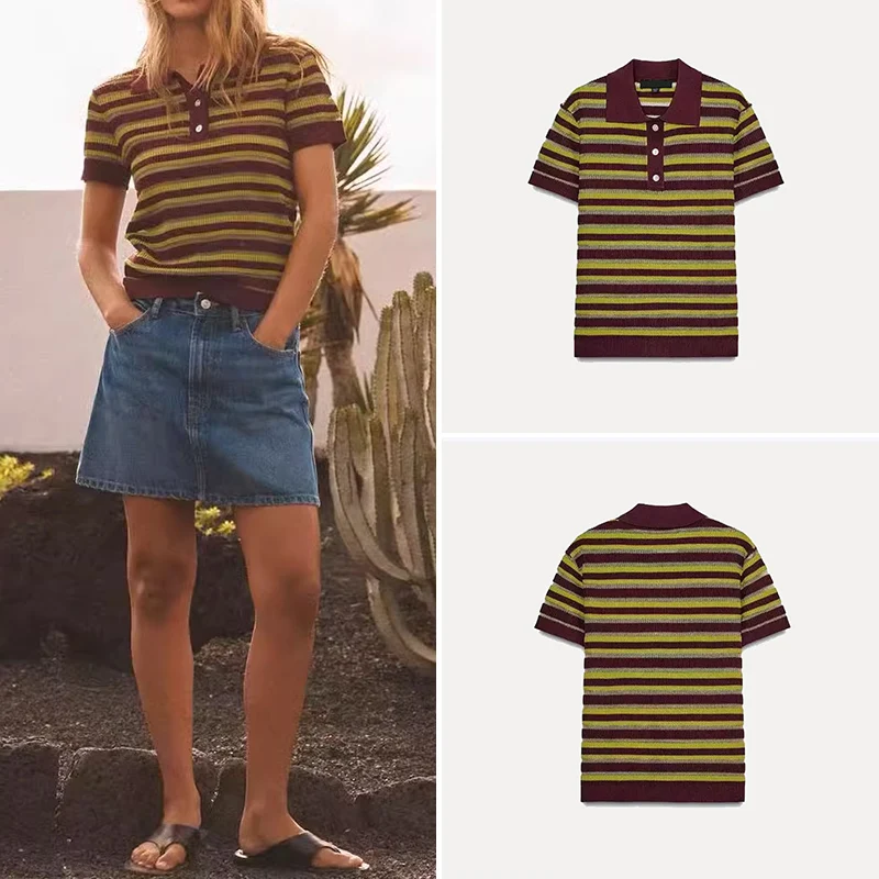 

Spring 2025 Women's Knitted ort Sve irt Ne Striped Top Commute Sle Polyester Fiber Z Brand