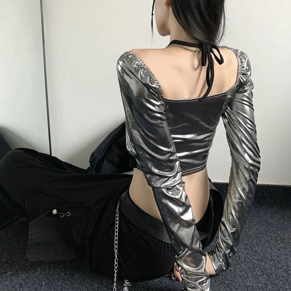 

Корейская глянцевая футболка с длинным рукавом, имитация двухслойности, в стиле Y2K, укороченный топ с пэчворком, женская