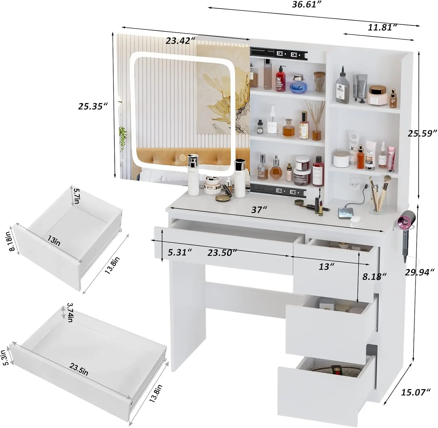Белый туалетный столик с зеркалом и подсветкой, туалетный столик для макияжа с подсветкой, 4 ящиками, туалетный столик с розеткой и раздвижной дверью, 3