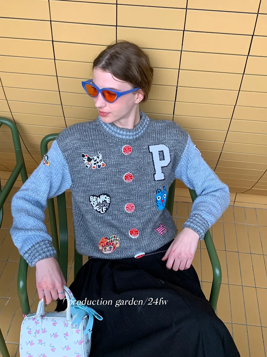 

Women's Knitted Sweater Cartoon Print Patchwork Thiened Autumn Winter Spring Straight Tube Commute Sle Long Sve Crew Ne