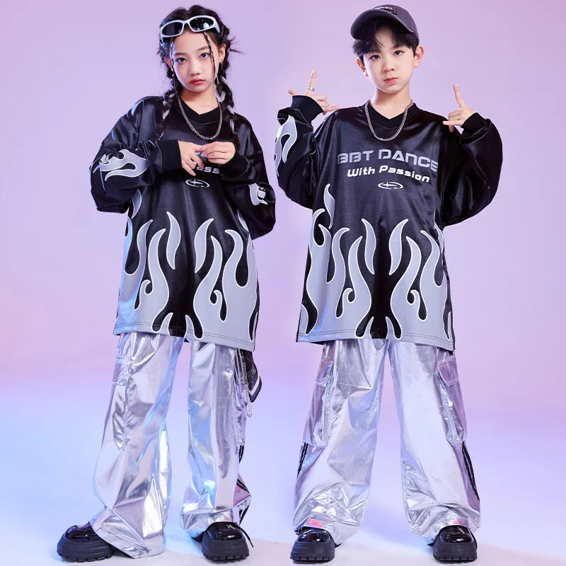 Kid Cool Hip Hop Kleidung Black Flame Sweatshirt Top Silber Lässige Breite Cargohose für Mädchen Jungen Jazz Dance Wear Kostüm Kleidung