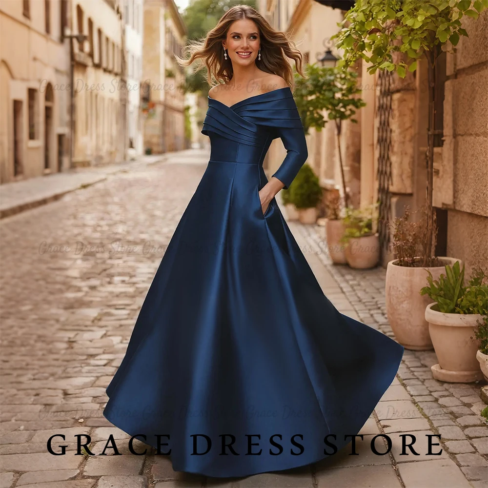 

Grace Women's Wedding Party Attire Off-the-shoulder Long sleeves A-line Mother of the bride Dresses 2026 With Pockets Customized