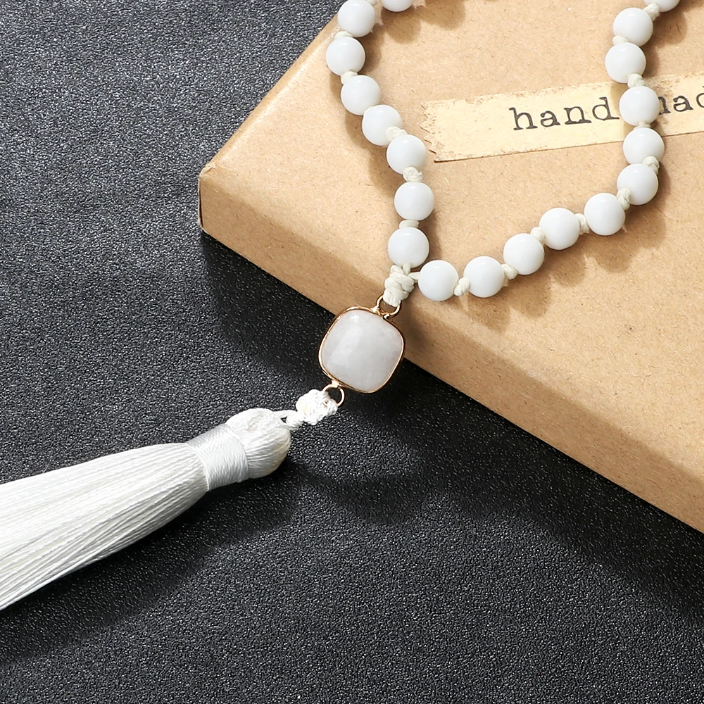 6MM 108 Mala Beads Bright White Necklace Wax Rope Handmade Knotted Inelastic Tassel Women Yoga Pendant Bangle Men Prayer Jewelry
