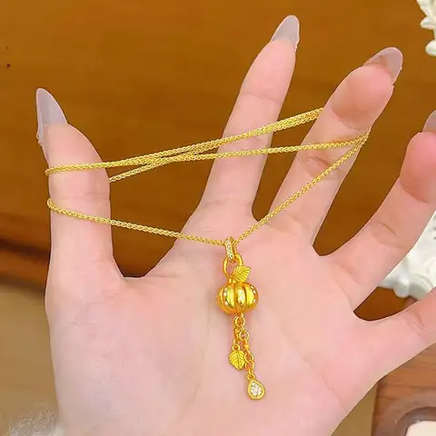 Women's 24K Gold AU999 Abundant Golden Gourd Necklace | Ancient-chiseled gourds with jade vines, elegant for banquets