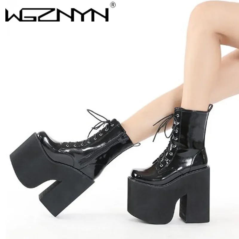 2025 High Platform Boots Women Goth Punk Chunky Heels Catwalk Combat Boots Lace Up Daughter Patent Booties Botas Mujer Plus Size