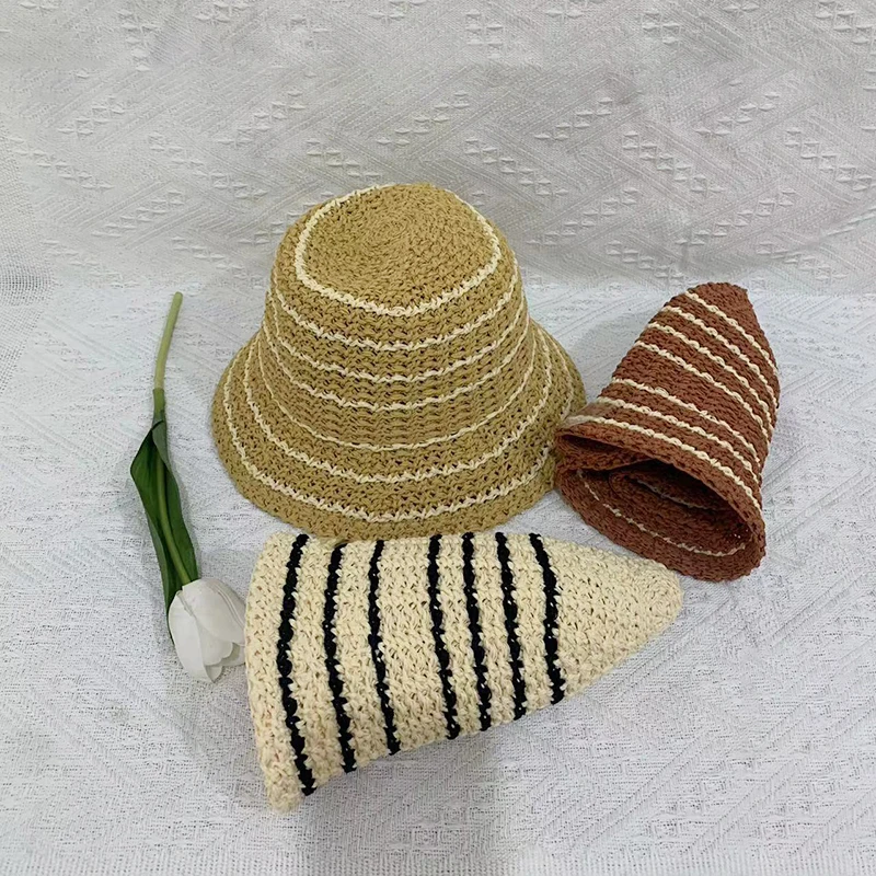 Summer Striped Hollow Weave Bucket Hat Women Breathable Sun Hat Beach Panama Cap Fold Outdoor Japanese Lesure Fishierman Cap