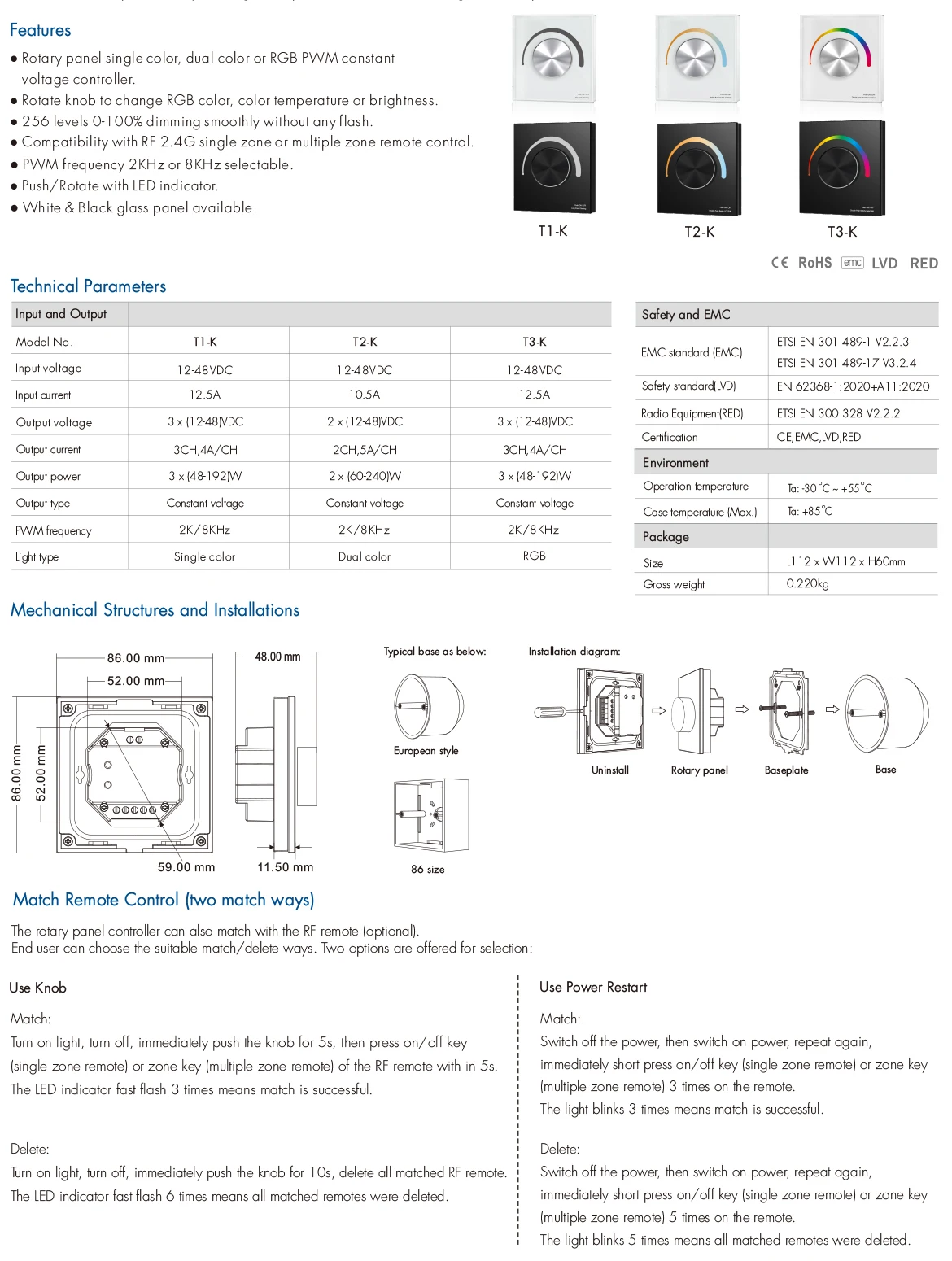 12-24VDC pannello rotante a parete Led dimmer Controller 2.4G telecomando Wireless per striscia 5050 2835 monocolore/CCT/RGB