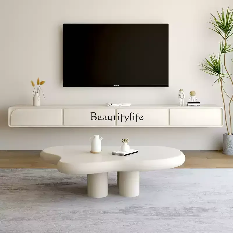 Creamy white wall-mounted suspended TV cabinet Wall-mounted simple modern TV wall cabinet