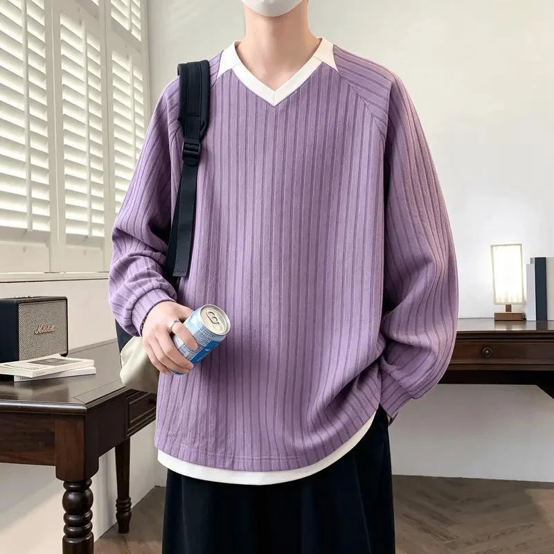 Men Striped Fake Two-Piece V-Neck Long Sleeve Sweatshirt Autumn Oversized Loose Lazy Style Base Tee Casual Pullover Big Size Top