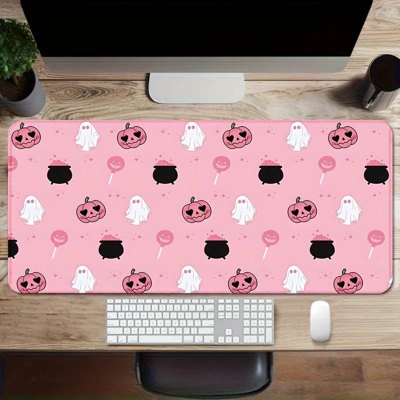 Cute Halloween Pink Pumpkin Ghost Desk Mat Non-Slip Rubber Gaming Mouse Pad for Office