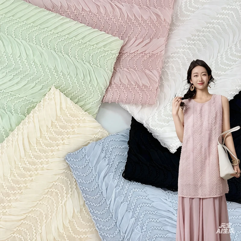 New Three-dimensional Wave Embroidery Fabric Korean Wedding Dress, Women's Dress, Textured Chiffon Fabric Sewing