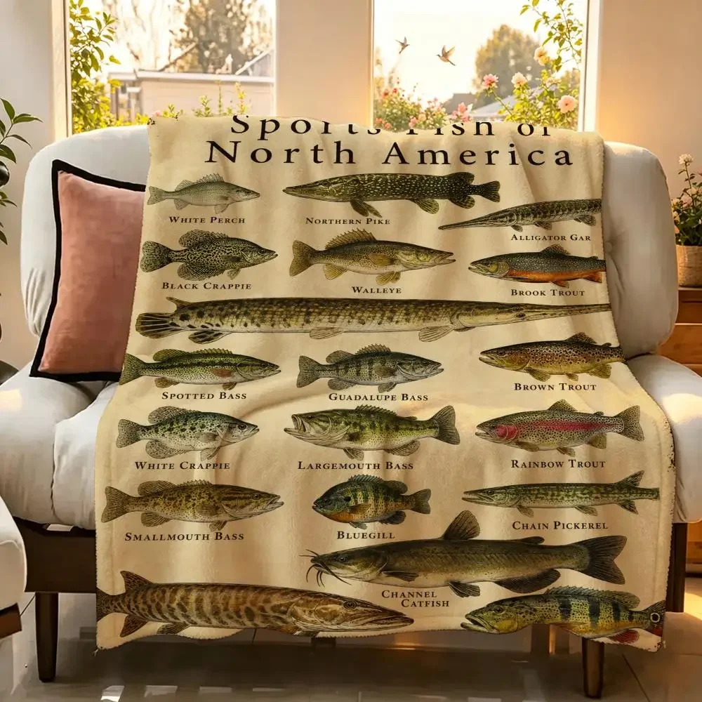 Dynamic Sporty Fish Print Throw Flannel Throw Blanket Suitable warm for Sofa、Living Room、Bedroom soft