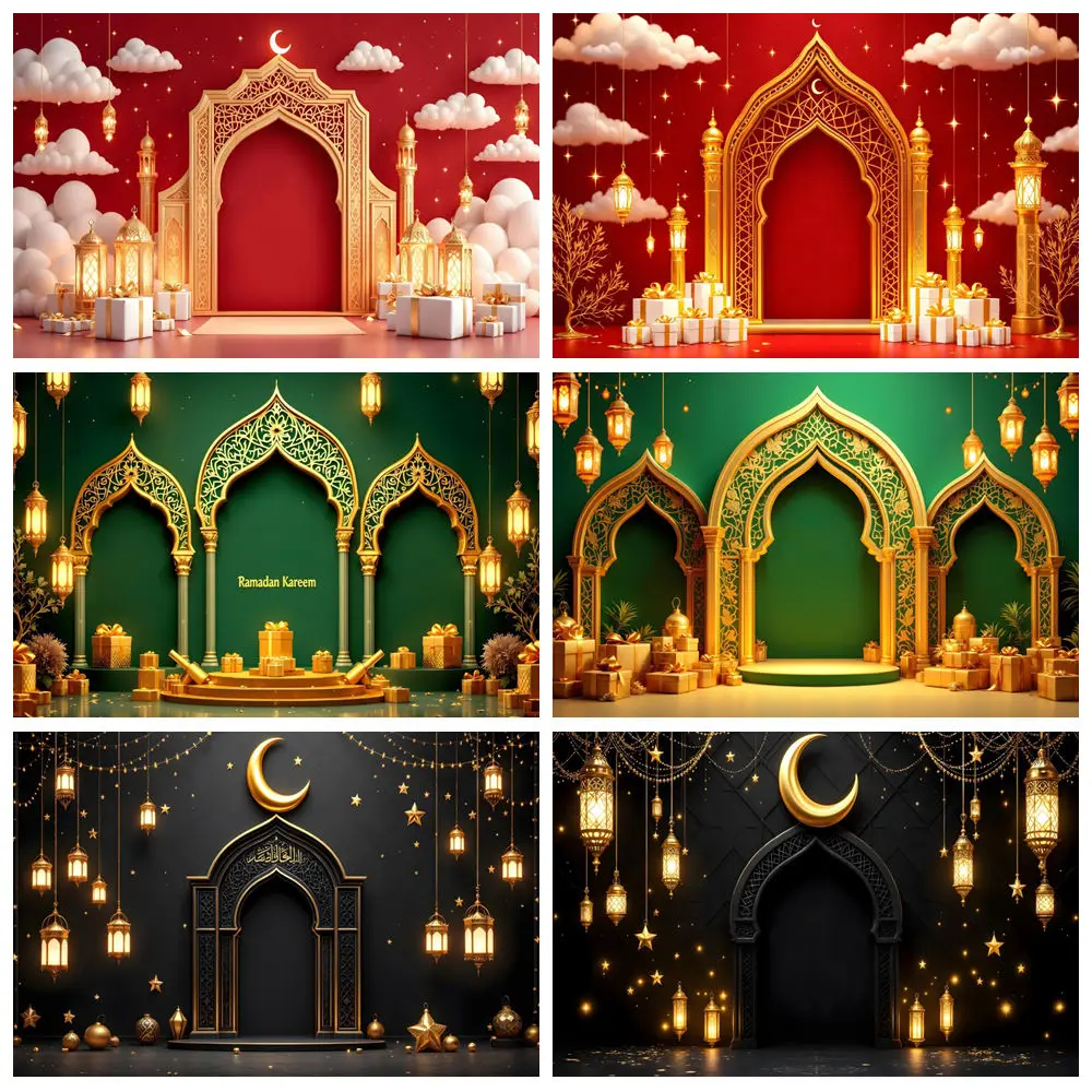 Eid Theme Photography Backdrop Red Green Black Gold Mosque Architecture for Muslim Islamic New Year Party Decor Photo Background