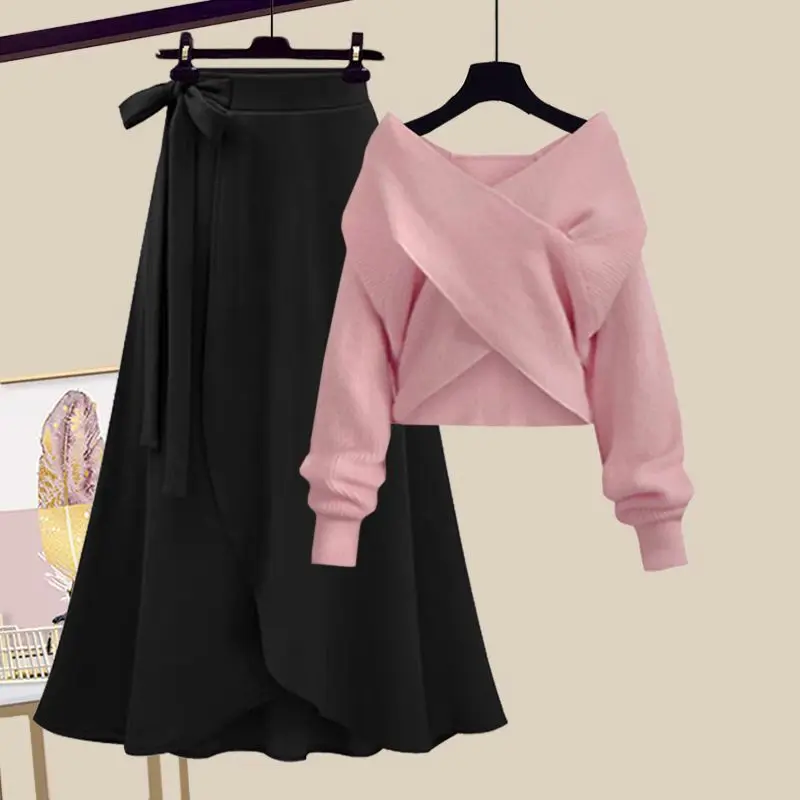 

Slim Cross Sweater High Waist Skirt Two-piece Set of Fashion High Quality and High Appearance Level Large Size Women's Korean