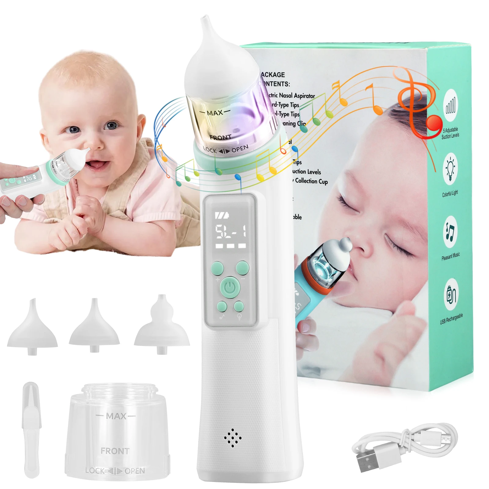 Baby Nose Cleaner Silicone Adjustable Suction Electric Child Nasal Aspirator Low Noise Musical USB Charging for Infants/Toddlers