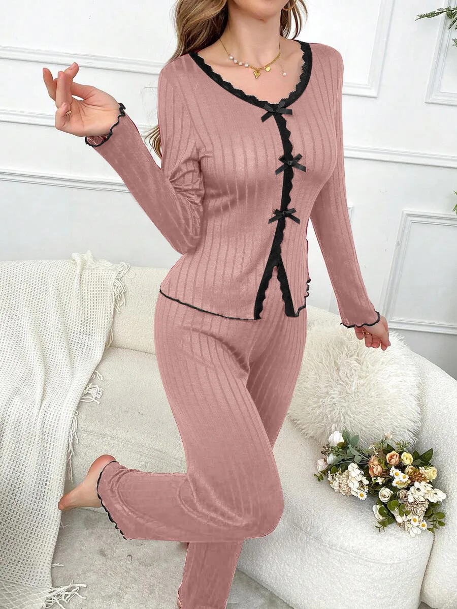 Autunno Inverno Vestiti per la casa Set di spwear con finiture in pizzo da donna Set lungo Sve rotondo Ne Pantaloni lunghi Casual Faion Outfit Set a due pezzi