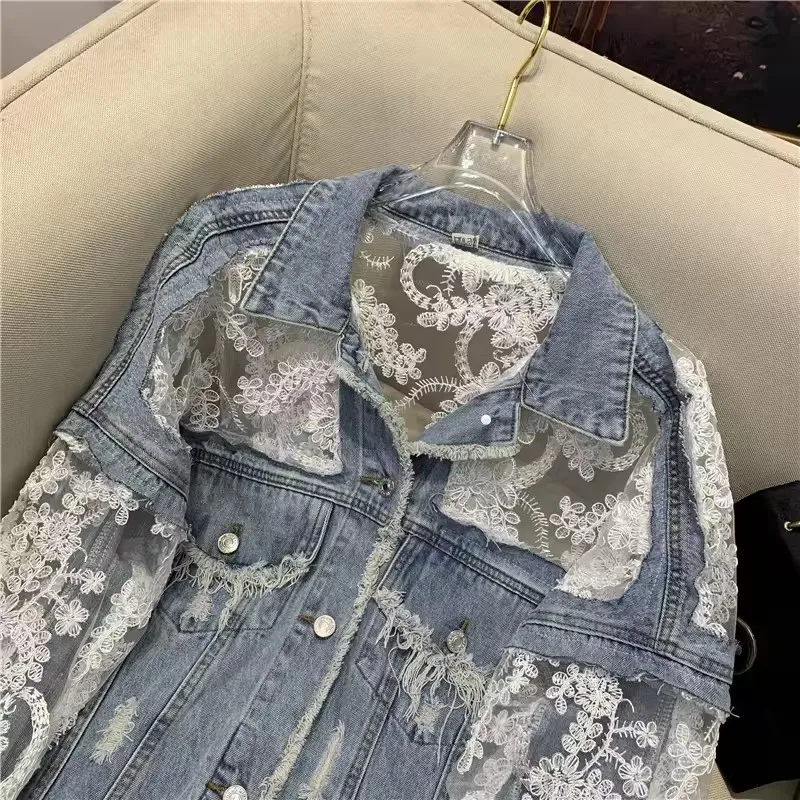Automne Streetwear mode broderie dentelle Patchwork Sexy veste en jean vêtements pour femmes gland veste en jean ample