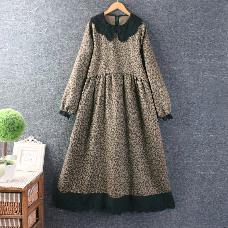 Autumn Women's Japanese Mori Girl Vintage Floral Print Dress Peter Pan Collar Long Sleeve Casual Loose Cotton Linen Midi Dresses