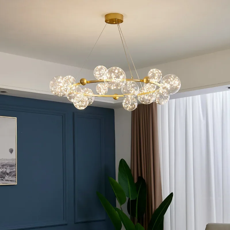 Elegant Golden Hotel Bedroom Circle Pendant Light Beautiful Glass Ball Living Room Dining Room Chandelier