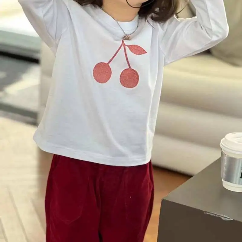 In stock 2023 BP New Autumn White Long Sleeves Cherry Shirt for Kids Cherry Brand White Clothes for Girl Kids