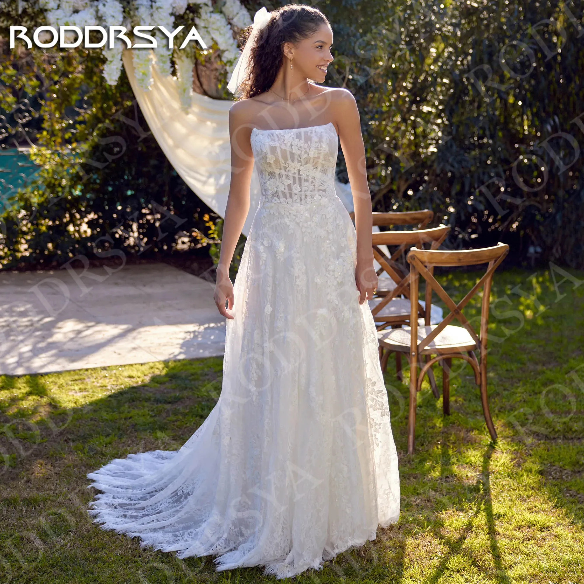 

RODDRSYA Boho Wedding Dresses Lace Appliques Customized Bride Gowns Elegant A Line Strapless Bridal Dress vestido novia civil