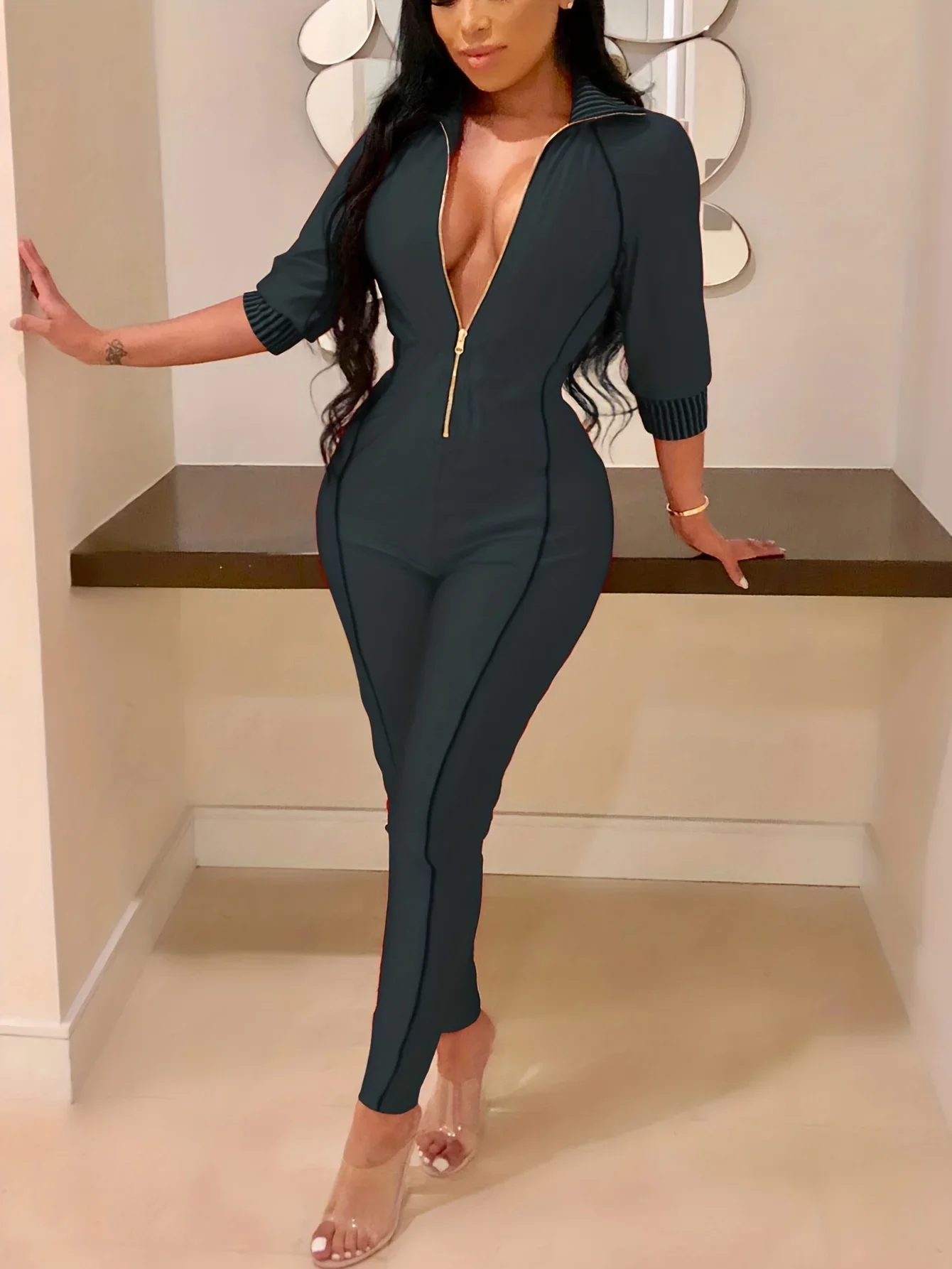 Solid Zipper 3/4 Sleeve Skinny Jumpsuit, Sports Long Length Sexy Party Jumpsuit, Women's Clothing