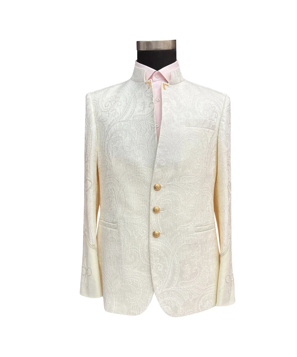 

Tailor Shop Custom Single Breasted Printed Off White Gentleman Groom Wedding Suit