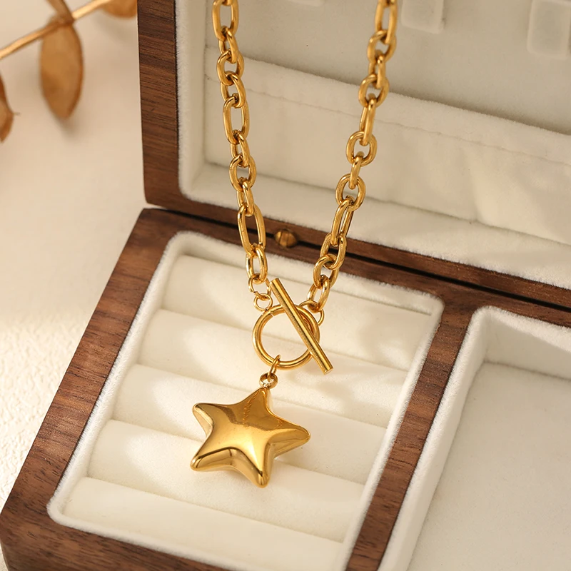 EILIECK 316L Edelstahl-Halskette mit Pentagramm-Stern-Anhänger für Damen, trendige Goldfarben-Kette, wasserdichter Schmuck, Geschenk