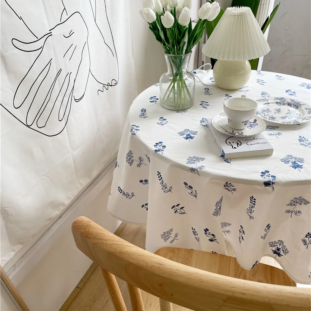 

Vintage Blue Pattern Tablecloth High-End Embroidered Cloth Background Fabric Coffee Shop Table Cloth Dinning Table Decoration