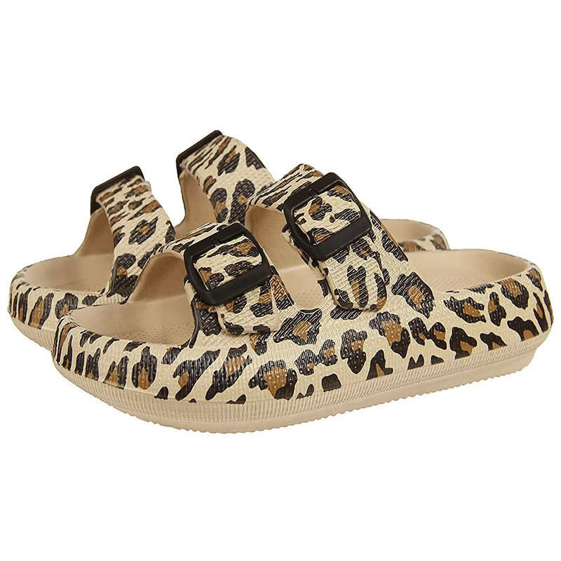 Leopard Soft Sole Pillow Slippers for Women Double Buckle Thick Platform Cloud Slides Sandals Woman Summer Non-Slip Flip Flops