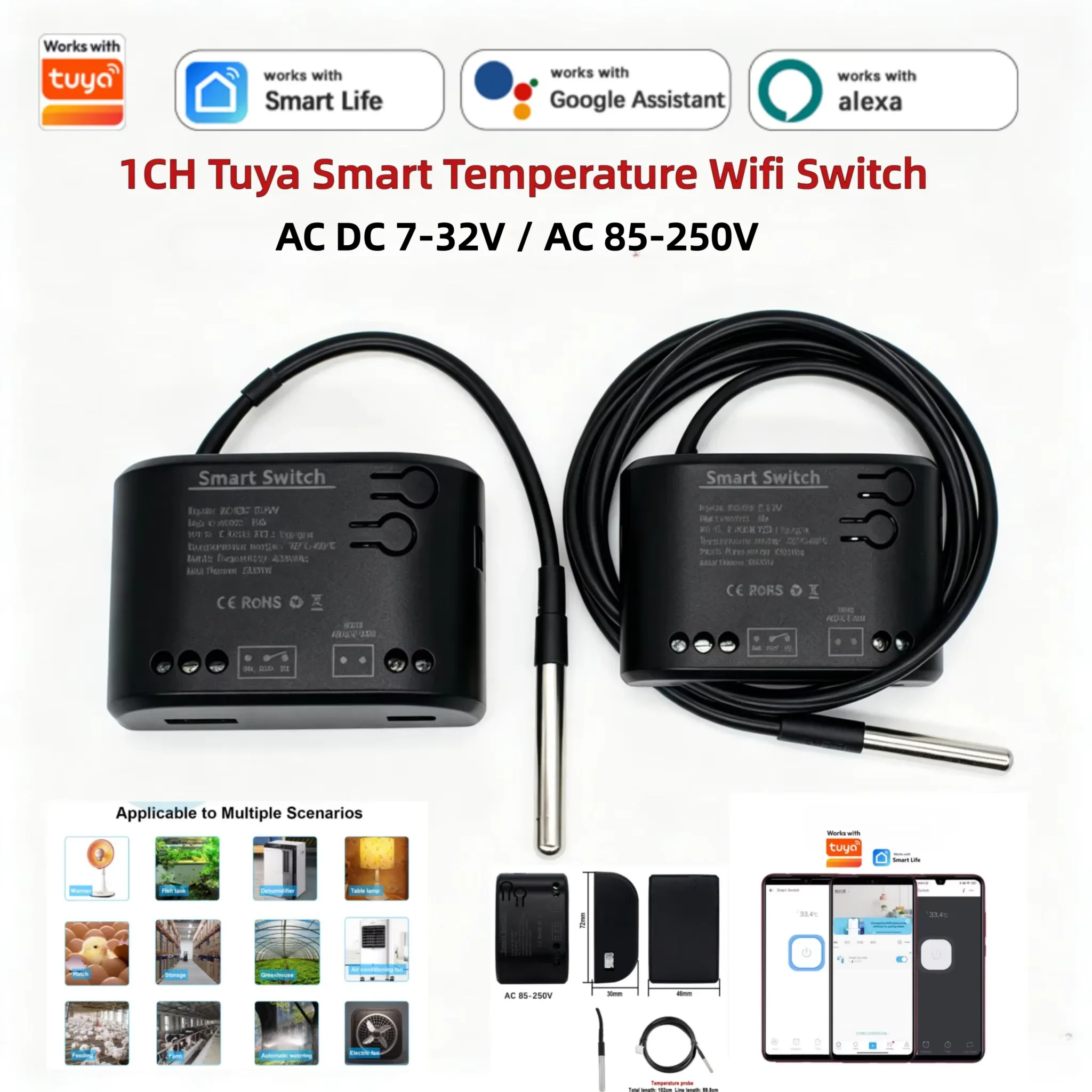 1-Kanal WLAN-Smart-Temperaturschalter Thermostat-Relaismodul AC DC7-32V 85-250V mit Sensorfühler, kompatibel mit Tuya, Alexa, Google Home