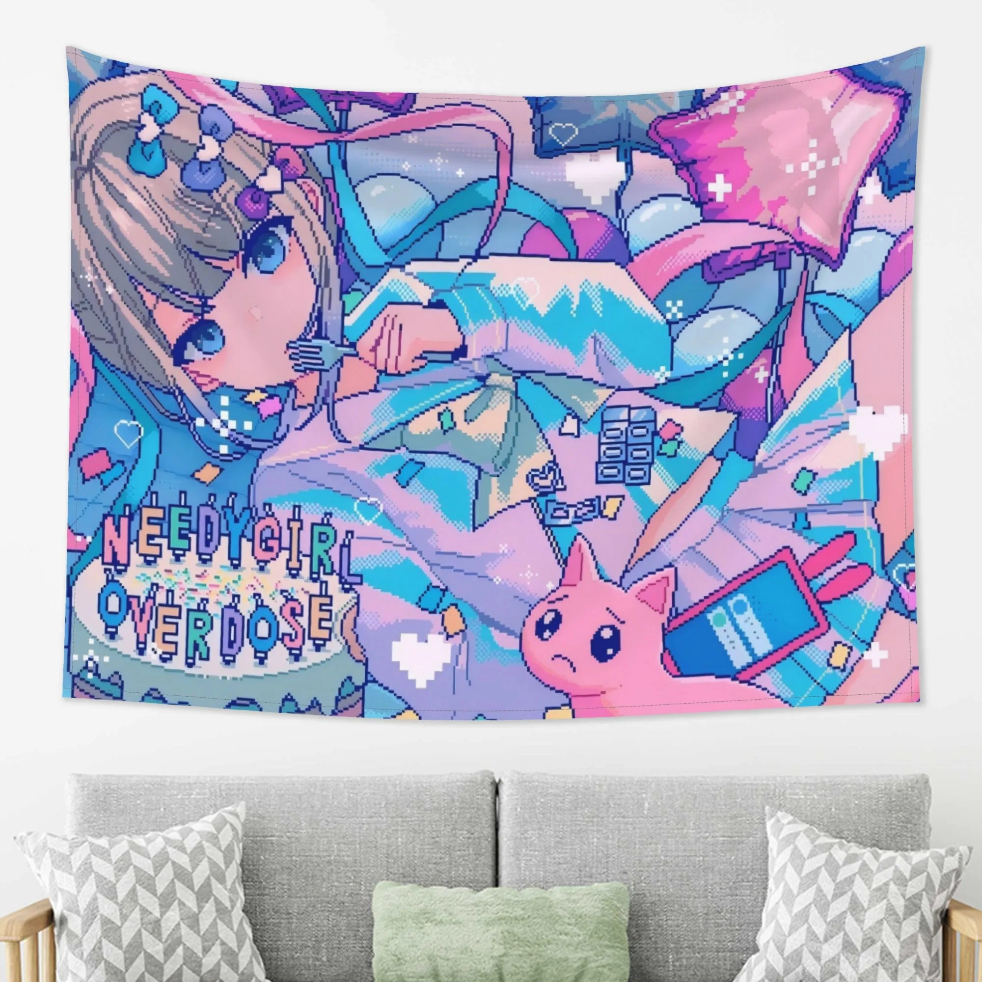 1pc Needy Girl Overdose Pixel Tapestry Ame Chan Bed Scene Pink Cat Wall Hanging Y2K Kawaii Anime Dorm Decor aesthetic room decor