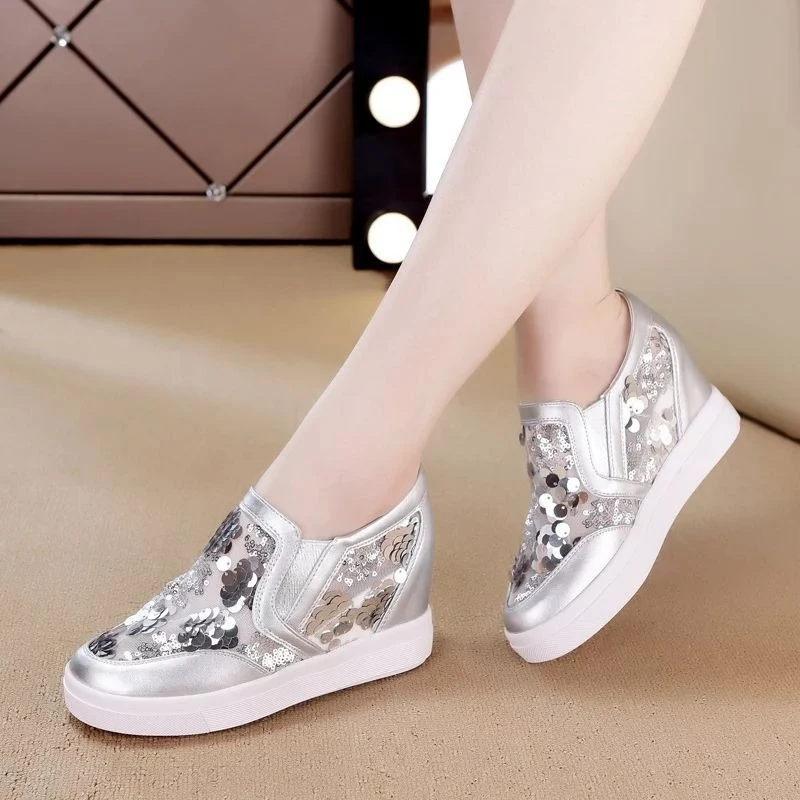Women's 7cm Wedge Sneakers Invisible Height Increase Shoes Summer Breathable White Casual Shoes Trendy New