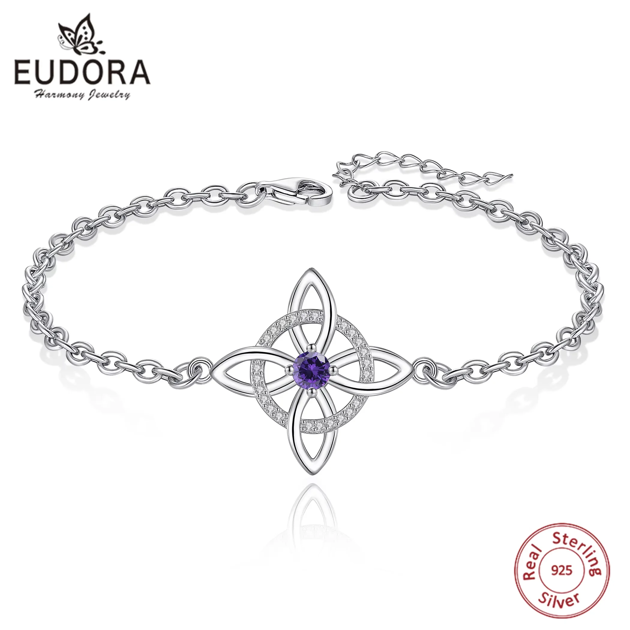 

Eudora 925 Sterling Silver Witches Knot Bracelet Purple CZ Irish Celtic Knot Amulet Chain Bracelet Wicca Jewelry Gift for Women
