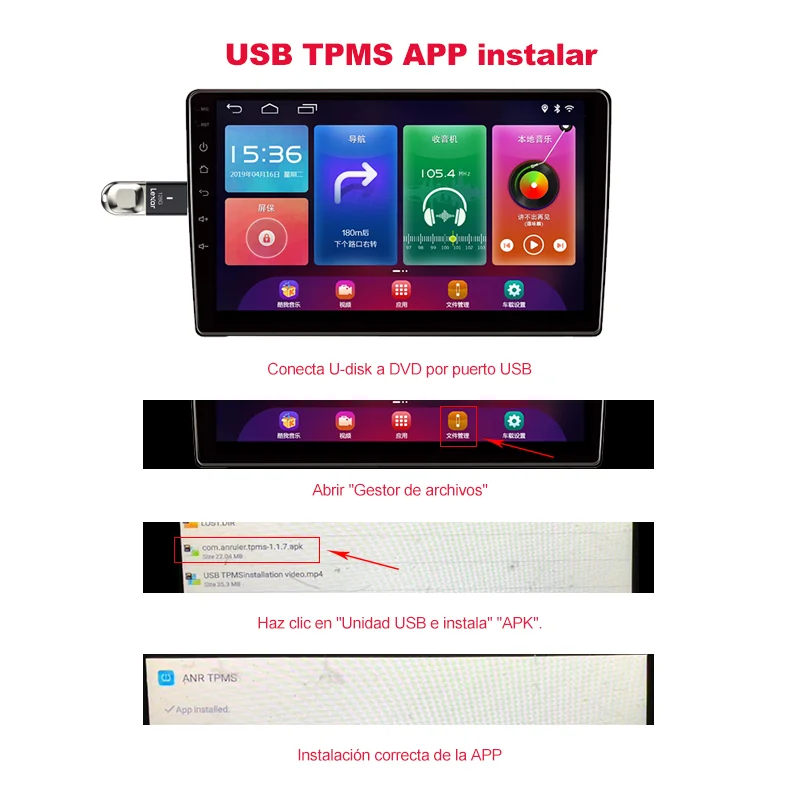 Sistema TPMS con receptor USB, compatible con sistemas Android, resistente al agua, con 4 sensores, alarma de presión de neumáticos en tiempo real y control mediante aplicación, ideal para acampar y usar en vehículos recreativos.