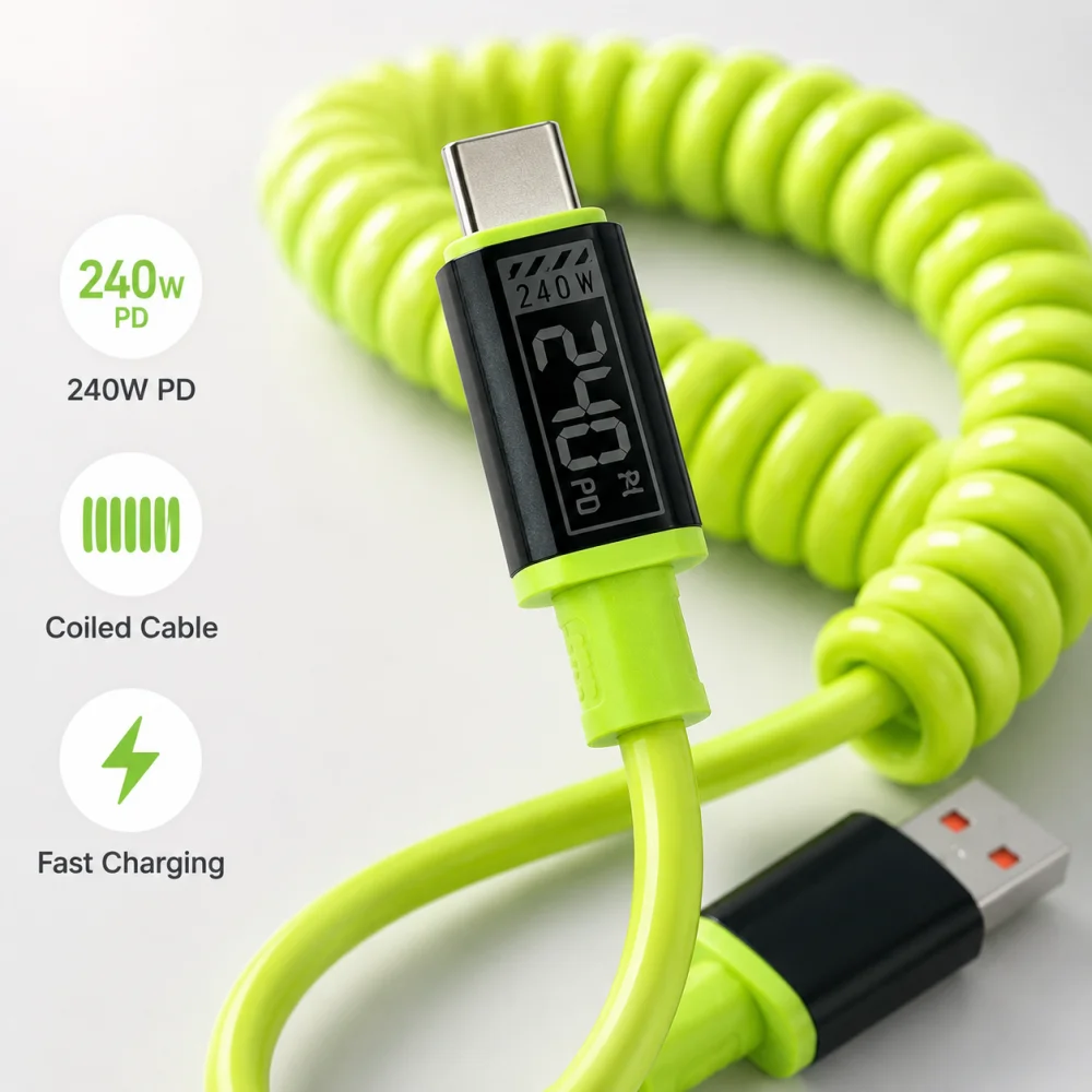 240W Spring USB to Type‑C Fast Charging Cable Retractable High‑Power USB Type‑C Charging Cable in Car For iPhone Samsung Xiaomi