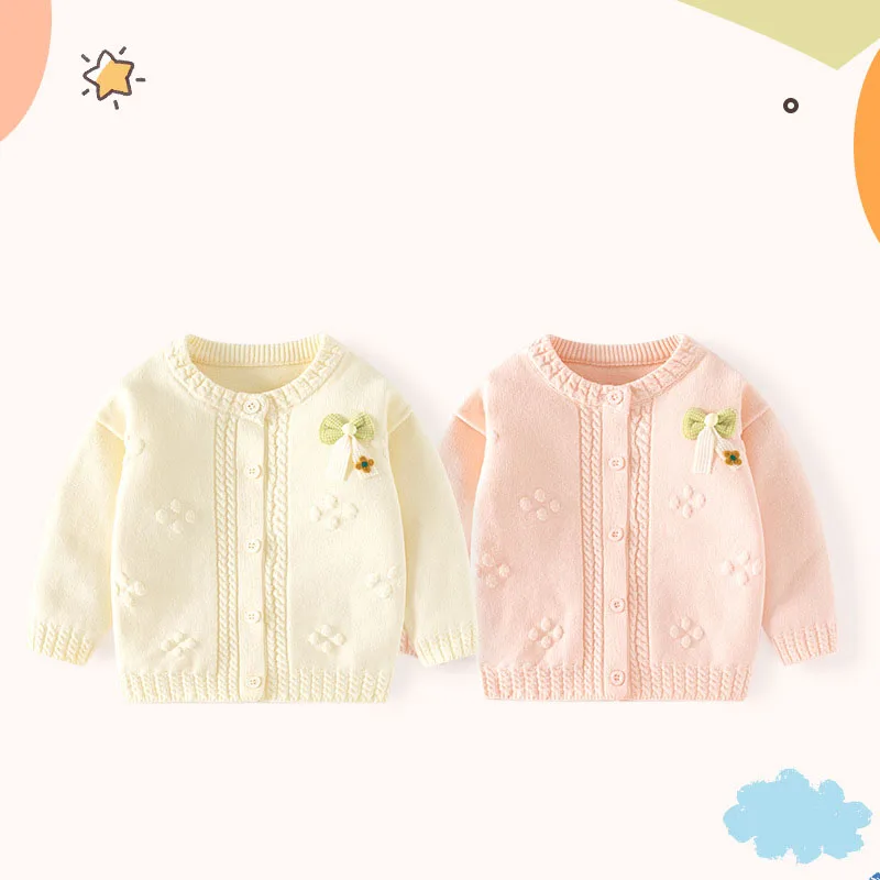 Spring Autumn Baby Girls Sweater Knitted Bowknot Jacquard Flower Little Girls Knitwear Solid 100% Cotton Toddler Girls Waistcoat