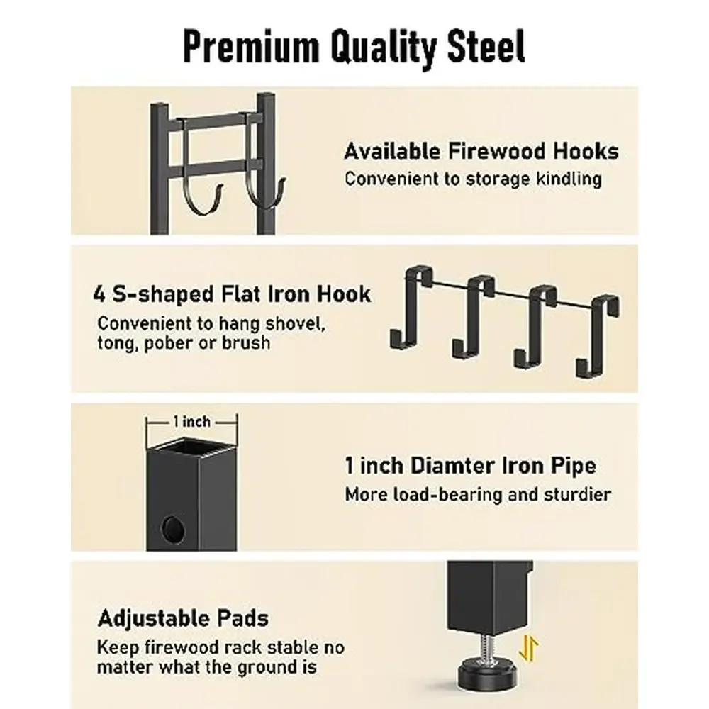 حامل تخزين الحطب مع حقيبة حامل سجل وخطافات قابلة للتعديل في الهواء الطلق/داخلي 34 بوصة رف تخزين الحطب من الفولاذ المتين